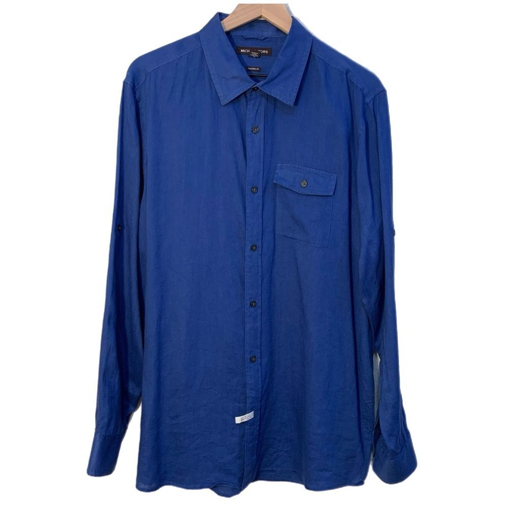 MICHAEL KORS 100% Linen Royal Blue Long Sleeve Button-Down Shirt